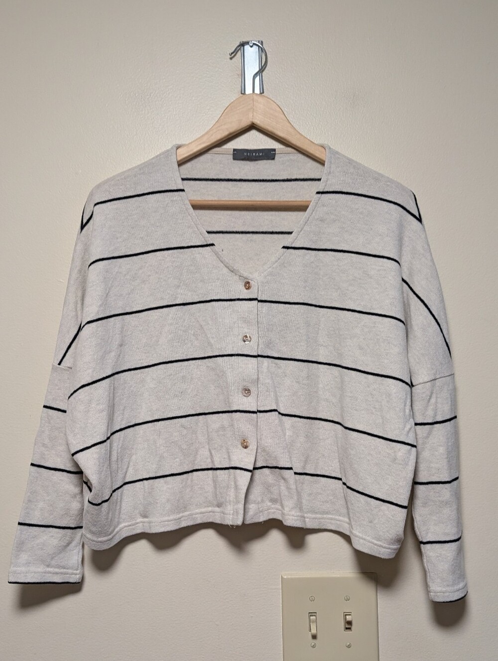 Neirami Italy Striped Cropped Cardigan Oversized Cream Black Minimalist